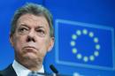 Colombian President Juan Manuel Santos addresses a   news conference after the signing of the constitutive agreement of the EU Trust   Fund for Colombia in Brussels