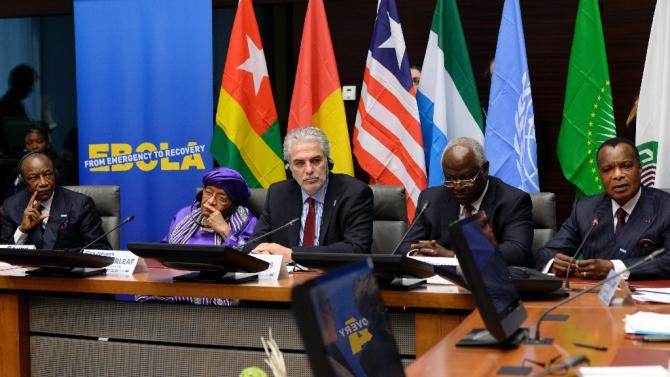 (L-R) Guinean President Alpha Conde, Liberian President Ellen Johnson Sirleaf, Christos Stylianides, Sierra Leonean President Ernest Bai Koroma and Congolese President Denis Sassou Nguesso give a press conference on March 3, 2015 in Brussels