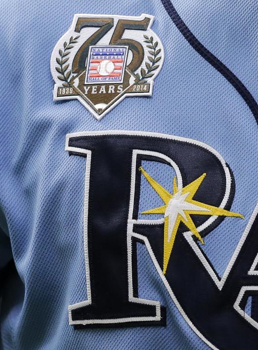 A 75th anniversary patch for the National Baseball Hall of Fame on Tampa Bay Rays' Kevin Kiermaier's uniform during the fourth inning of a baseball game against the Boston Red Sox Sunday, July 27, 201