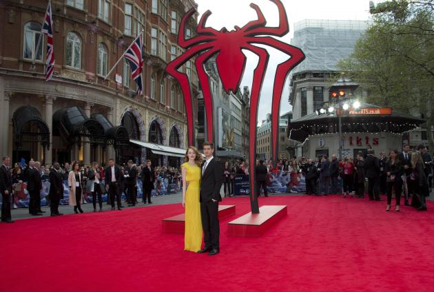 Actors Emma Stone and Andrew Garfield arrive for the World premiere of The Amazing Spiderman 2, at a central London cinema in Leicester Square, Thursday, April 10, 2014. (Photo by Joel Ryan/Invision/A