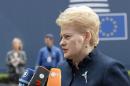 Lithuanian President Dalia Grybauskaite speaks with journalists as she arrives for an EU summit in Brussels on June 26, 2015