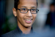 FILE - In this Monday, Oct. 19, 2015, file photo, Ahmed Mohamed, the 14-year-old who was arrested at MacArthur High School in Irving, Texas, after a homemade clock he brought to school was mistaken for a bomb, speaks during an interview with the Associated Press, in Washington. Ahmed Mohamed will soon be moving with his family to Qatar to attend school thanks to the Qatar Foundation for Education, Science and Community Development. (AP Photo/Andrew Harnik, File)