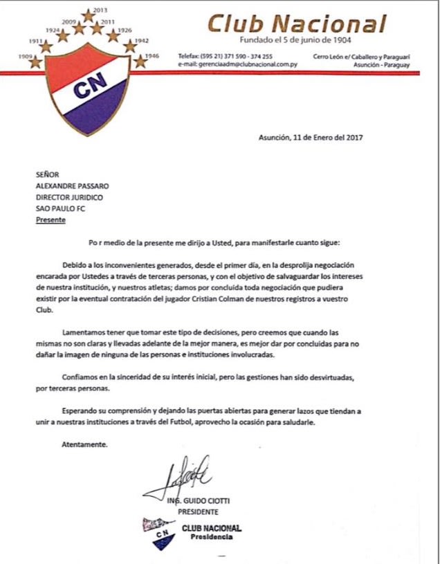 Carta enviada pelo Nacional comunicando ao São Paulo o fim das tratativas por Colmán