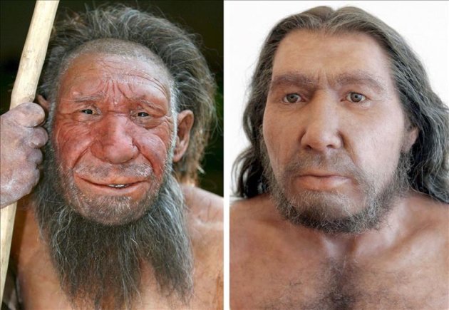 La fotografía muestra dos reconstrucciones de Hombres de Neanderthal del museo Neanderthal de Mettmann, en Bonn, Alemania. EFE/Archivo