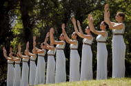 Priestesses dance inside the ancient Olympic Stadium during the dress rehearsal for the Olympic flame lighting ceremony for the Rio 2016 Olympic Games at the site of ancient Olympia in Greece. REUTERS/Yannis Behrakis