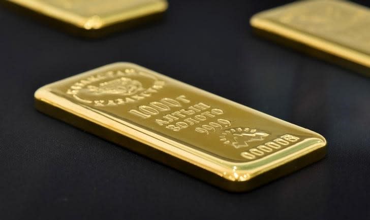 A 1000 gram gold bar is seen at the Kazakhstan's National Bank vault in Almaty