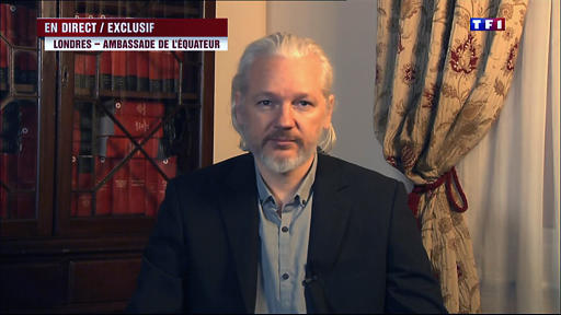 WikiLeaks founder Julian Assange gives a a televised interview with French channel TF1 from the Ecuador embassy in London on June 24, 2015