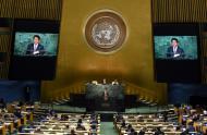 Prime Minister of Japan Shinzo Abe addresses the UN General Assembly on September 29, 2015 in New York