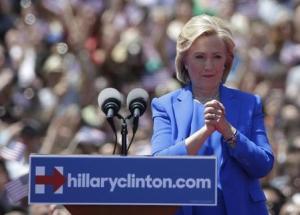 U.S. Democratic presidential candidate Hillary Clinton delivers her "official launch speech" at a campaign kick off rally in Franklin D. Roosevelt Four Freedoms Park on Roosevelt Island in New York City