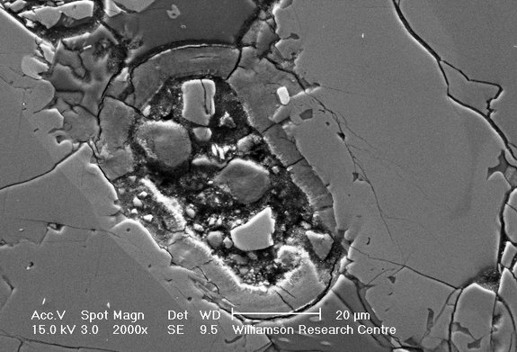 Electron microscope image of a mysterious oval structure in the Nakhla Mars meteorite.