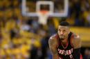 Damian Lillard, de los Portland Trail Blazers, durante el segundo partido de semifinales de la Conferencia Oeste de la NBA contra los Golden State Warriors, el 3 de mayo de 2016 en Oakland (California, EEUU)