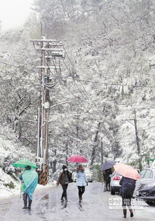 霸王寒流發威，海拔僅560多公尺的坪林南山寺，在24日降下大雪，附近放眼望去，全變成銀白世界。（趙雙傑攝）