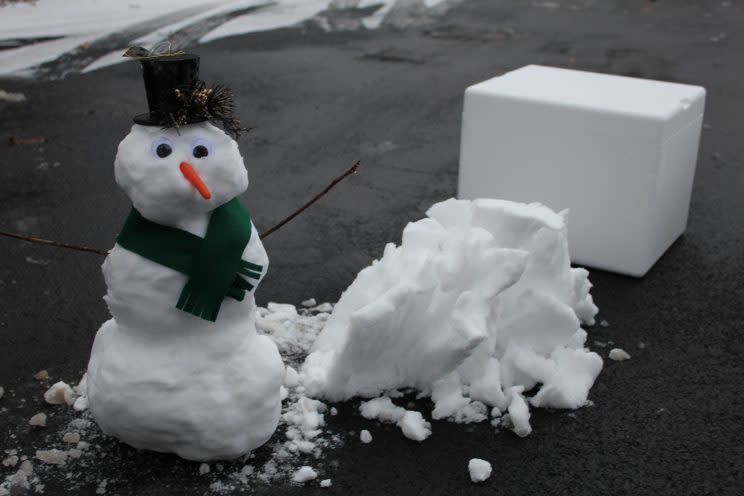 A snowman, pile of snow, and the cooler it ships in. Source: Ship Snow, Yo