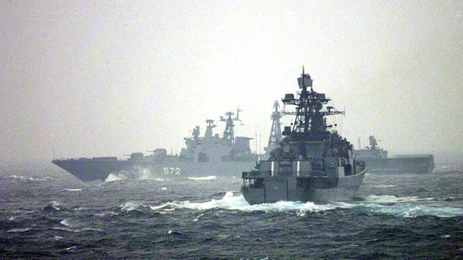 Russian Navy vessels, Admiral Panteleyev (front) and Admiral Vinogradov (rear), head for joint exercises with the Japan's Maritime Self-Defense  Forces (MSDF) in the Sea of Japan