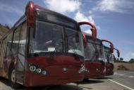 Yutong buses are seen during the opening ceremony of a new avenue and the inauguration of a public transportation route in Los Teques, Venezuela May 16, 2015. REUTERS/Marco Bello