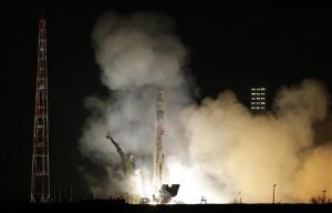 The Soyuz TMA-12M spacecraft carrying the ISS crew of U.S. astronaut Swanson, Russian cosmonauts Skvortsov and Artemyev blasts off from its launch pad at the Baikonur cosmodrome