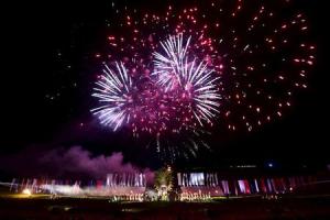 Fireworks explode as re-enactors perform during the opening show Inferno by artistic director Petit, for the bicentennial celebrations for the Battle of Waterloo in Waterloo