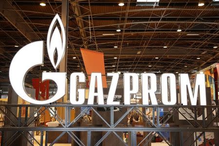 The logo of Gazprom is pictured at the 26th World Gas Conference in Paris