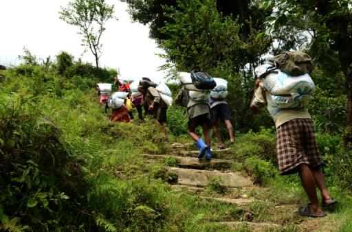 Des porteurs transportent de l'aide d'urgence au village de Bigu, dans la région de Dolakha, au nord-est du Népal, le 11 août 2015