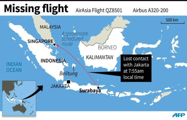 Map locating the scheduled flight AirAsia QZ8501, which went missing on Sunday morning