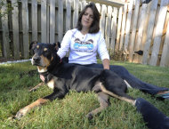 Lazarus, a mixed-breed dog who survived a euthanasia attempt and a car accident, sits by his new owner, Jane Holston, in Helena, Ala., on Wednesday, Oct. 1, 2014. Turned in to an animal shelter by his previous owner, a volunteer found the dog alive in the shelter the morning after he was injected with deadly chemicals. Holston adopted the dog from Two by Two Animal Rescue, which named him Lazarus after the man the Bible says Jesus raised from the dead. (AP Photo/Jay Reeves)