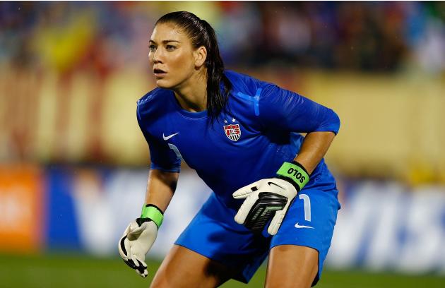 United States goalkeeper Hope Solo (1) makes a save against Japan during the women's soccer gold medal match at the 2012 Summer Olympics, Thursday, Aug. 9, 2012, in London. (AP Photo/Ben Curtis)