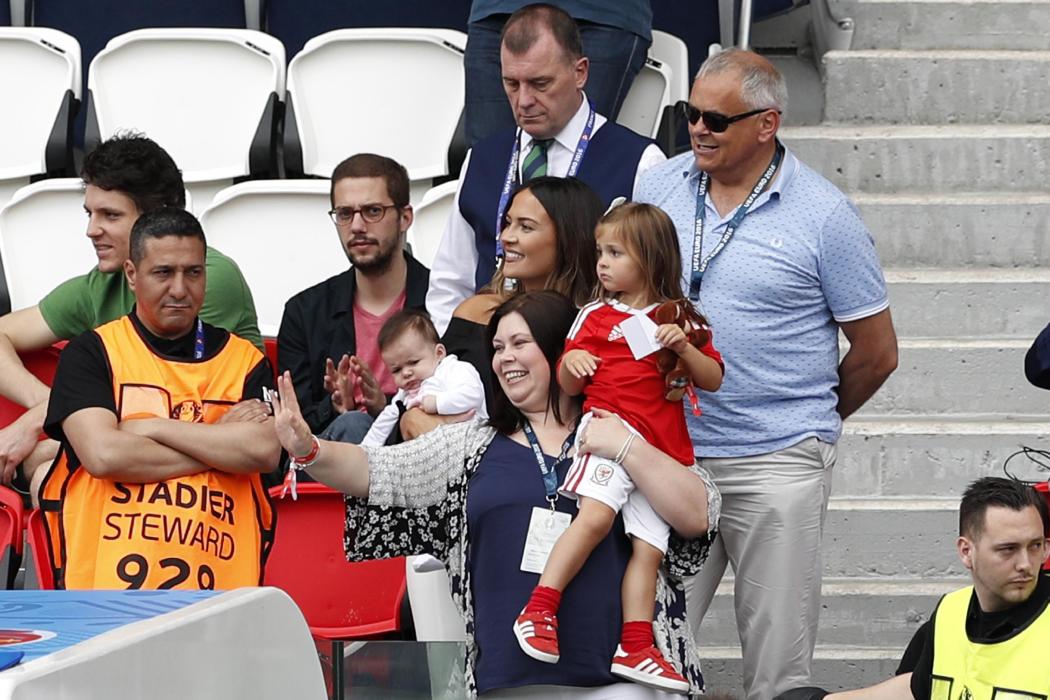 Wales' Gareth Bale meets his wife Emma Rhys-Jones and family before the match