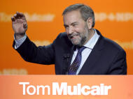 New Democratic Party leader Tom Mulcair speaks to supporters Monday, Oct. 19, 2015, in Montreal. (Ryan Remiorz/The Canadian Press via AP) MANDATORY CREDIT