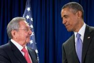 President Barack Obama talks with Cuban President Raul Castro before a bilateral meeting, Tuesday, Sept. 29, 2015, at the United Nations headquarters. (AP Photo/Andrew Harnik)