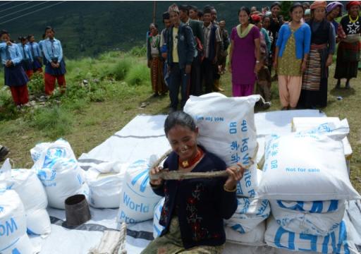 Sanchimaya Thami, une Népalaise se charge de nourriture pour l'acheminer au village de Bigu, dans le nord-est du Népal, le 11 août 2015