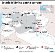 Gráfico com mapa do Iraque e da Síria e progressão do EI