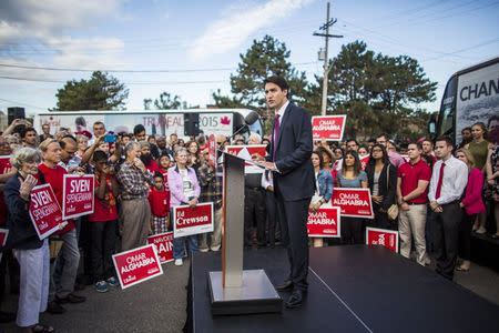 Liberal leader Justin Trudeau speaks as he campaigns in Mississauga, August 4, 2015. Canadians will go to the polls for a federal election on October 19. REUTERS/Mark Blinch