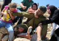 Members of the Tamimi family fight to free Mohammed Tamimi (bottom) held by an Israeli soldier (C) during clashes between Israeli security forces and Palestinian protesters on August 28, 2015 in the West Bank village of Nabi Saleh near Ramallah