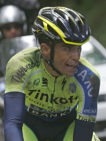 Tinkoff-Saxo team rider Alberto Contador of Spain cycles during the 161.5-km tenth stage of the Tour de France cycling race