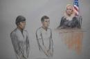 Courtroom sketch of defendants Dias Kadyrbayev and   Azamat Tazhayakov appearing in front of Federal Magistrate Marianne Bowler, in   Boston