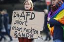 Anti-AfD protestor holds a banner reading 'Afd   belongs to the right border' during the AfD party congress in Stuttgart