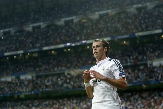 Real Madrid's  Gareth Bale celebrates his goal during their Champions League soccer match against FC Basel at Santiago Bernabeu stadium in Madrid