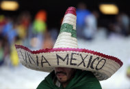 A Mexican supporter reacts after the World Cup round of 16 soccer match between the Netherlands and Mexico at the Arena Castelao in Fortaleza, Brazil, Sunday, June 29, 2014. The Netherlands won the match 2-1. (AP Photo/Natacha Pisarenko)