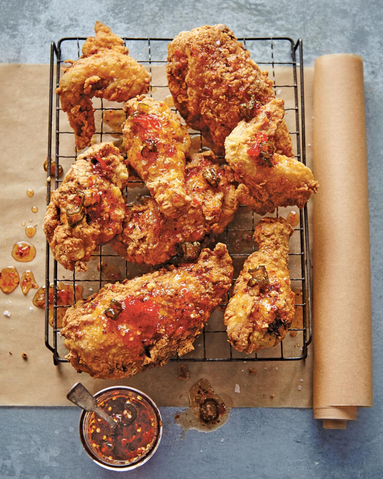 Spicy Buttermilk Fried Chicken With Pepper Jelly Drizzle From Essential Emeril