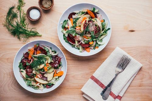 Shaved Vegetable Salad with Apples and Lemony Tahini Dressing