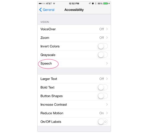 iPhone's Speak Selection controls