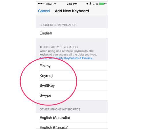 iPhone Keyboard settings screen