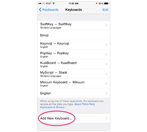 iPhone Keyboard settings screen