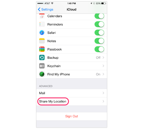 iCloud settings screen in iOS 8