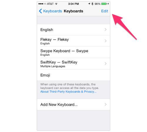 iPhone Keyboard settings screen