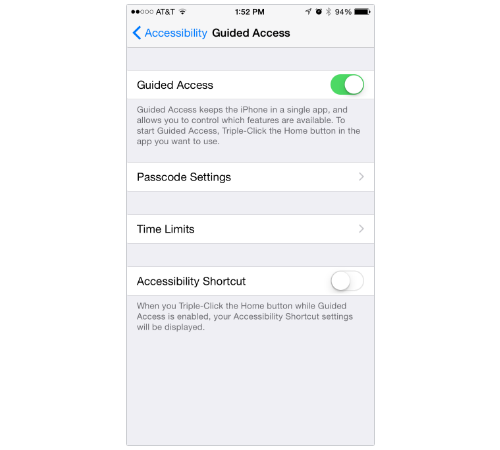 iPhone Guided Access Settings screen