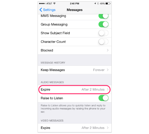 Expire option in Messages app