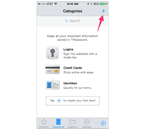 1Password Categories screen