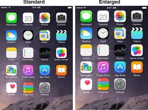 iPhone 6 home screen in standard and enlarged modes