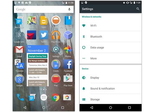 Android Lollipop home screen and settings screen